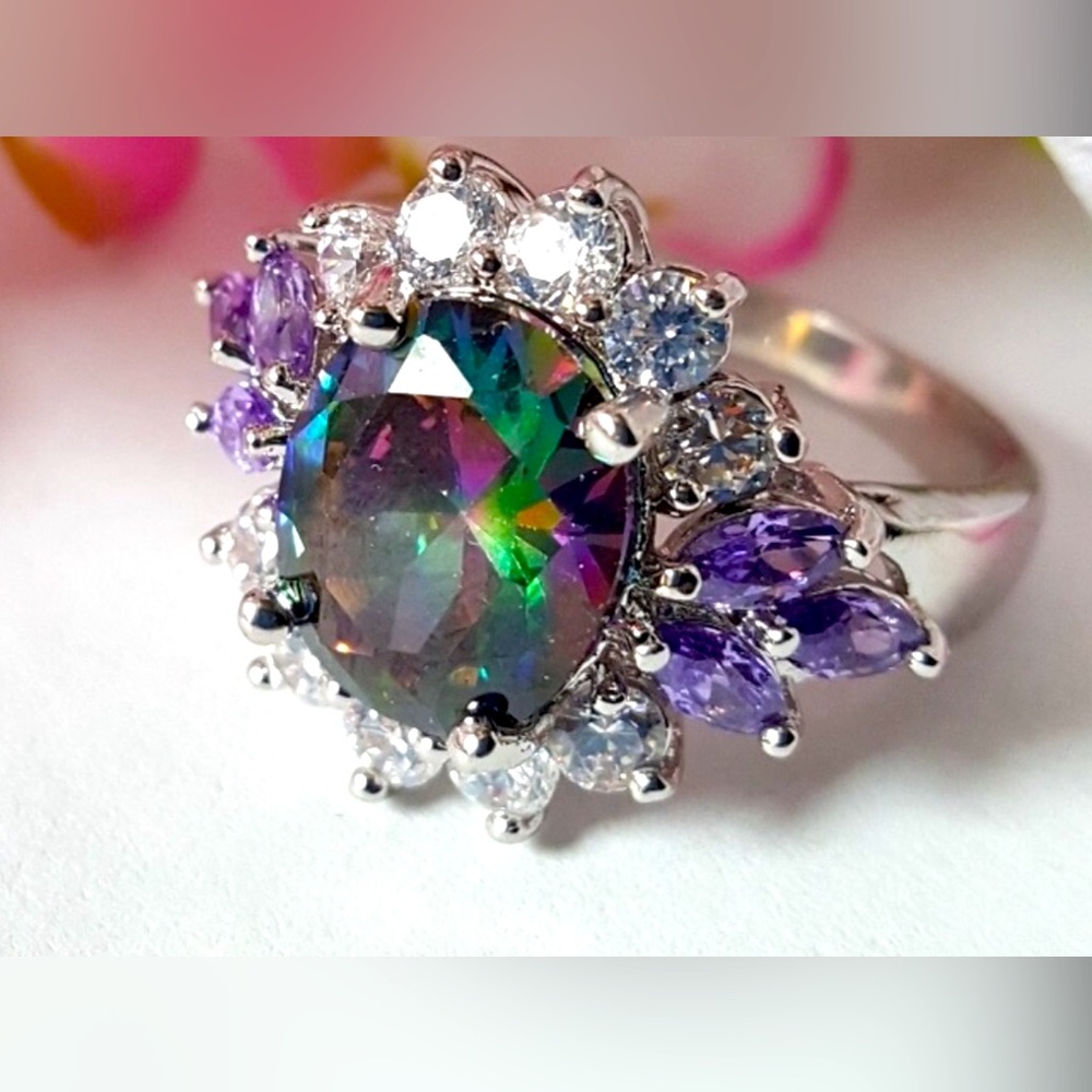 ❤️HP -Amethyst, white topaz, mystic rainbow- marked 925, Ring